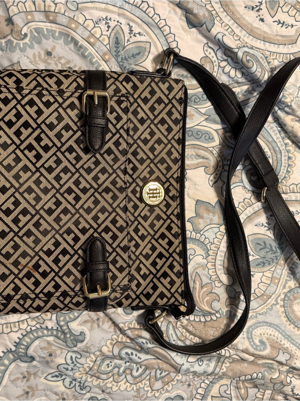 Tommy Hilfiger Black and Beige Monogram Shoulder Bag